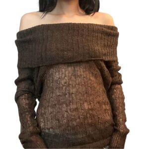 brown off the shoulder knit long sleeve